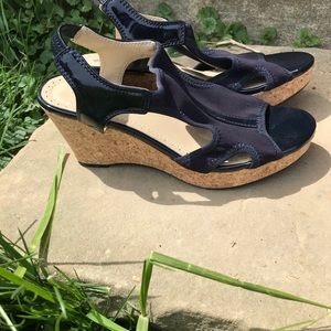 Blue and patent leather cork wedges